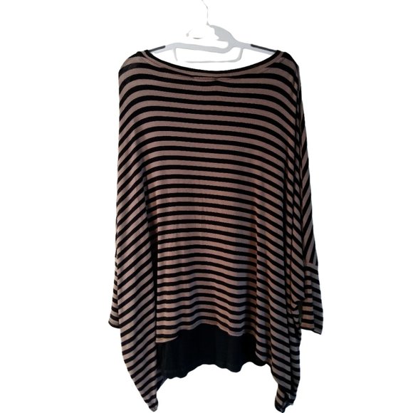 CHELSEA THEODORE Tan/Black Striped KNIT Shark-Bite Hem Loose TOP layered Medium - Picture 2 of 10